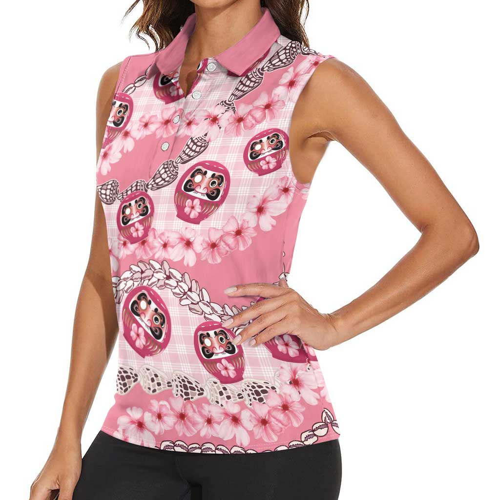 Japanese Daruma Doll Palaka Women Sleeveless Polo Shirt Cherry Blossoms With Shell Lei LT14 - Polynesian Pride