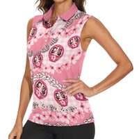 Japanese Daruma Doll Palaka Women Sleeveless Polo Shirt Cherry Blossoms With Shell Lei LT14 - Polynesian Pride