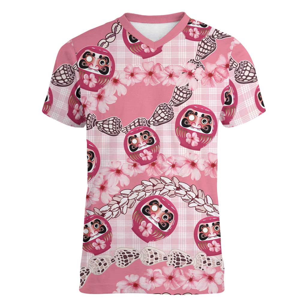 Japanese Daruma Doll Palaka Women V-Neck T-Shirt Cherry Blossoms With Shell Lei LT14 Female Pink - Polynesian Pride