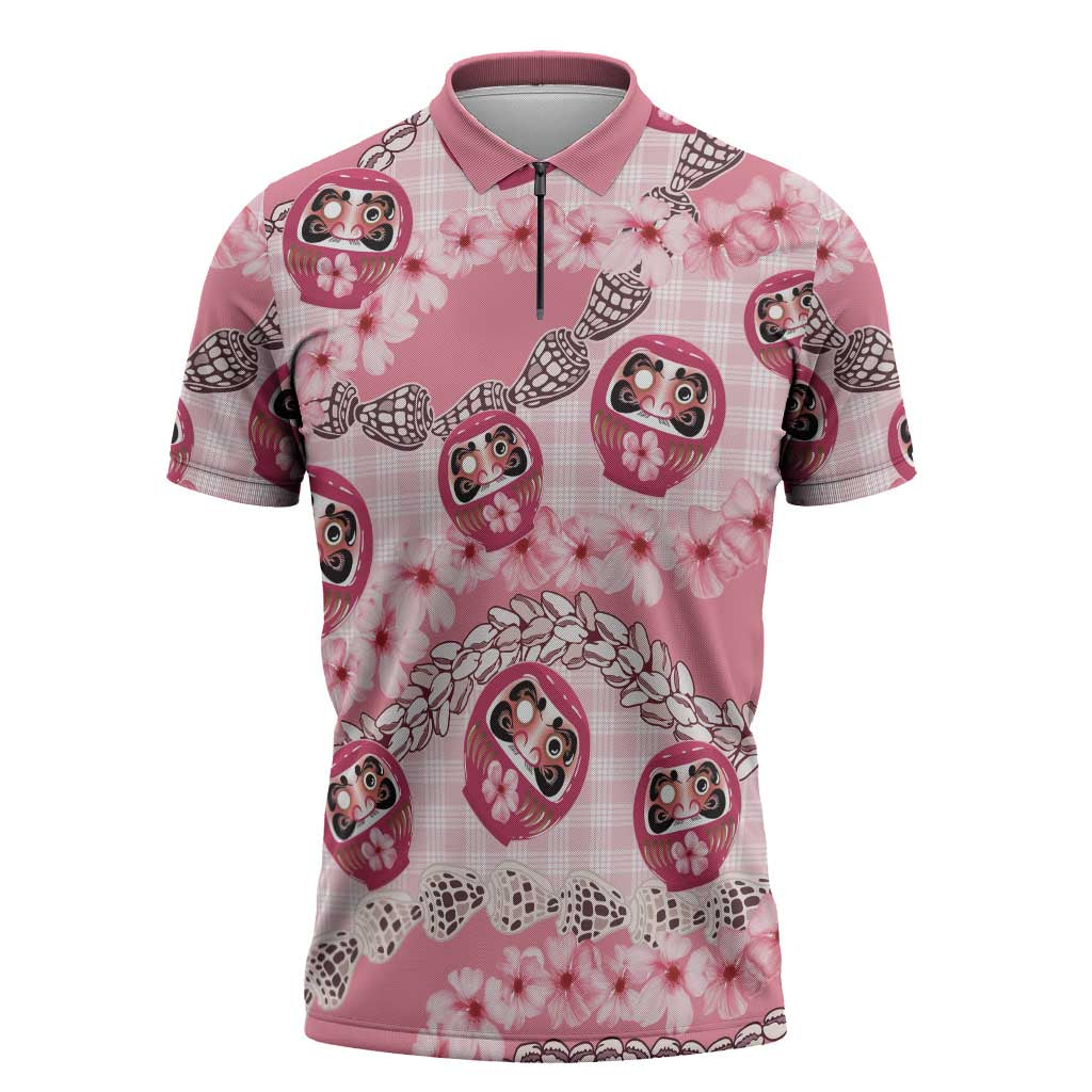 Japanese Daruma Doll Palaka Zipper Polo Shirt Cherry Blossoms With Shell Lei LT14 Pink - Polynesian Pride