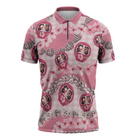 Japanese Daruma Doll Palaka Zipper Polo Shirt Cherry Blossoms With Shell Lei LT14 Pink - Polynesian Pride