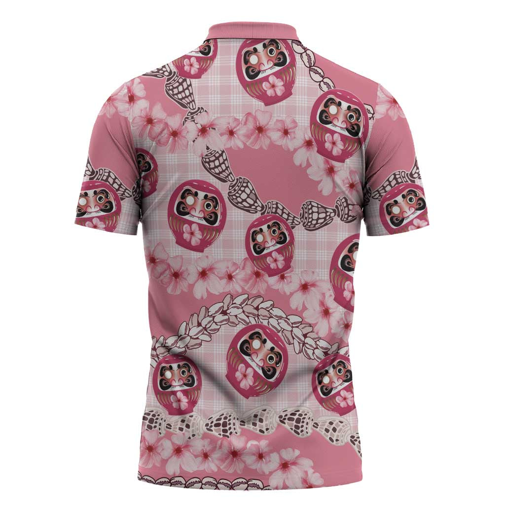 Japanese Daruma Doll Palaka Zipper Polo Shirt Cherry Blossoms With Shell Lei LT14 - Polynesian Pride