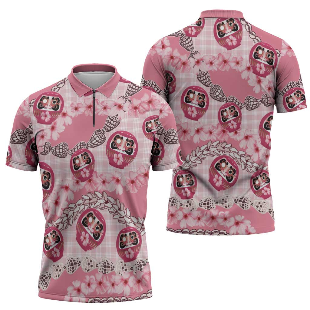 Japanese Daruma Doll Palaka Zipper Polo Shirt Cherry Blossoms With Shell Lei LT14 - Polynesian Pride