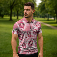 Japanese Daruma Doll Palaka Zipper Polo Shirt Cherry Blossoms With Shell Lei LT14 - Polynesian Pride