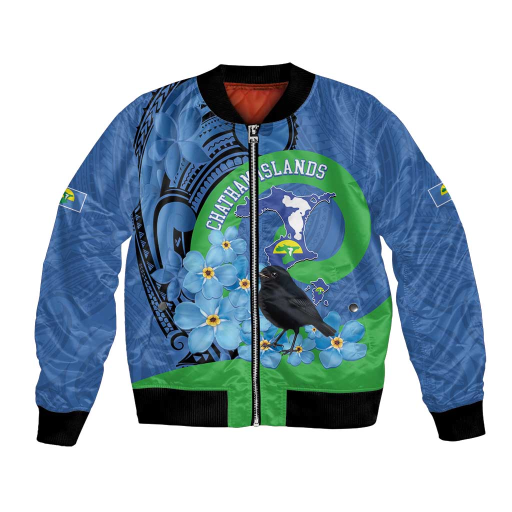 New Zealand Chatham Islands Bomber Jacket Wharekauri Forget Me Not With Black Robin