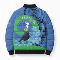 New Zealand Chatham Islands Bomber Puffer Jacket Wharekauri Forget Me Not With Black Robin - Polynesian Pride