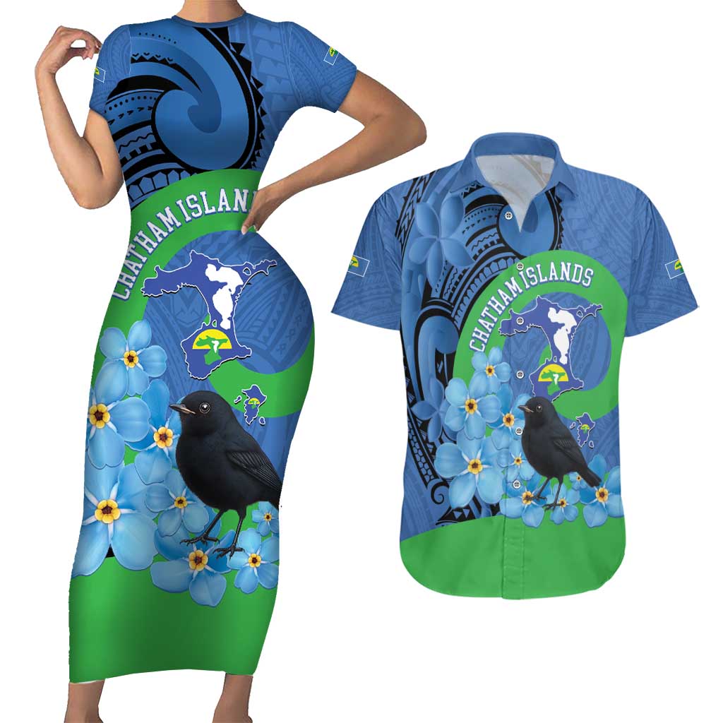 New Zealand Chatham Islands Couples Matching Short Sleeve Bodycon Dress and Hawaiian Shirt Wharekauri Forget Me Not With Black Robin LT14 Blue - Polynesian Pride