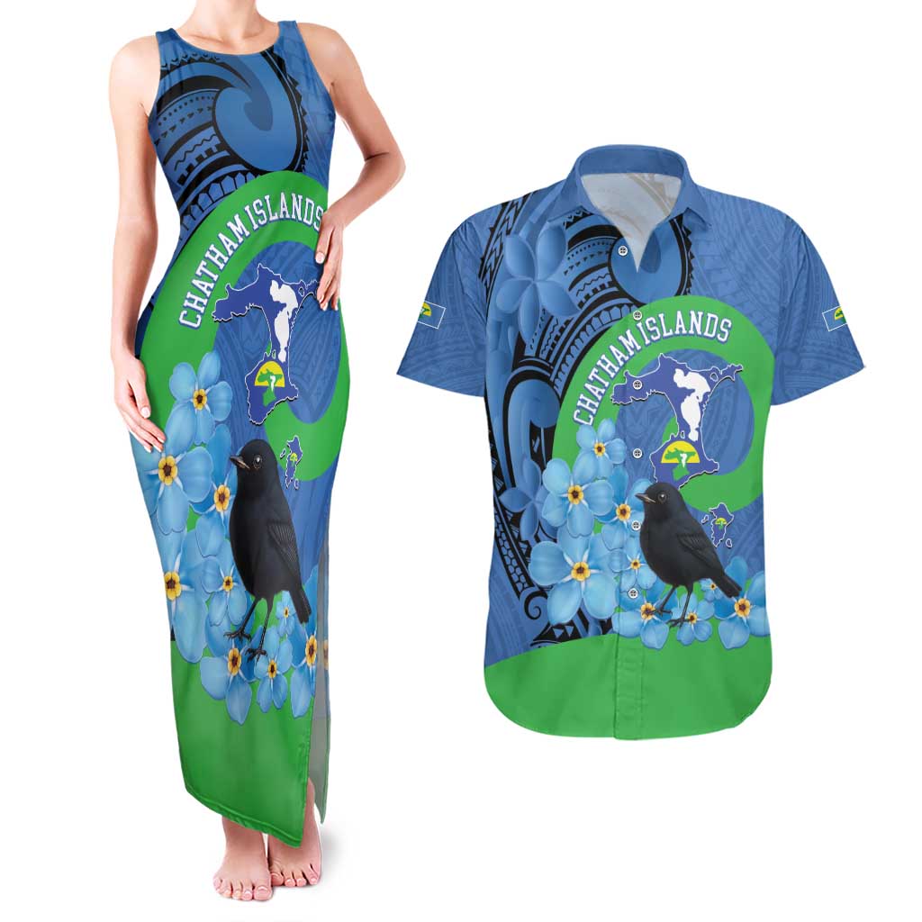 New Zealand Chatham Islands Couples Matching Tank Maxi Dress and Hawaiian Shirt Wharekauri Forget Me Not With Black Robin LT14 Blue - Polynesian Pride