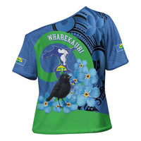 New Zealand Chatham Islands Cross Shoulder Shirt Wharekauri Forget Me Not With Black Robin - Polynesian Pride