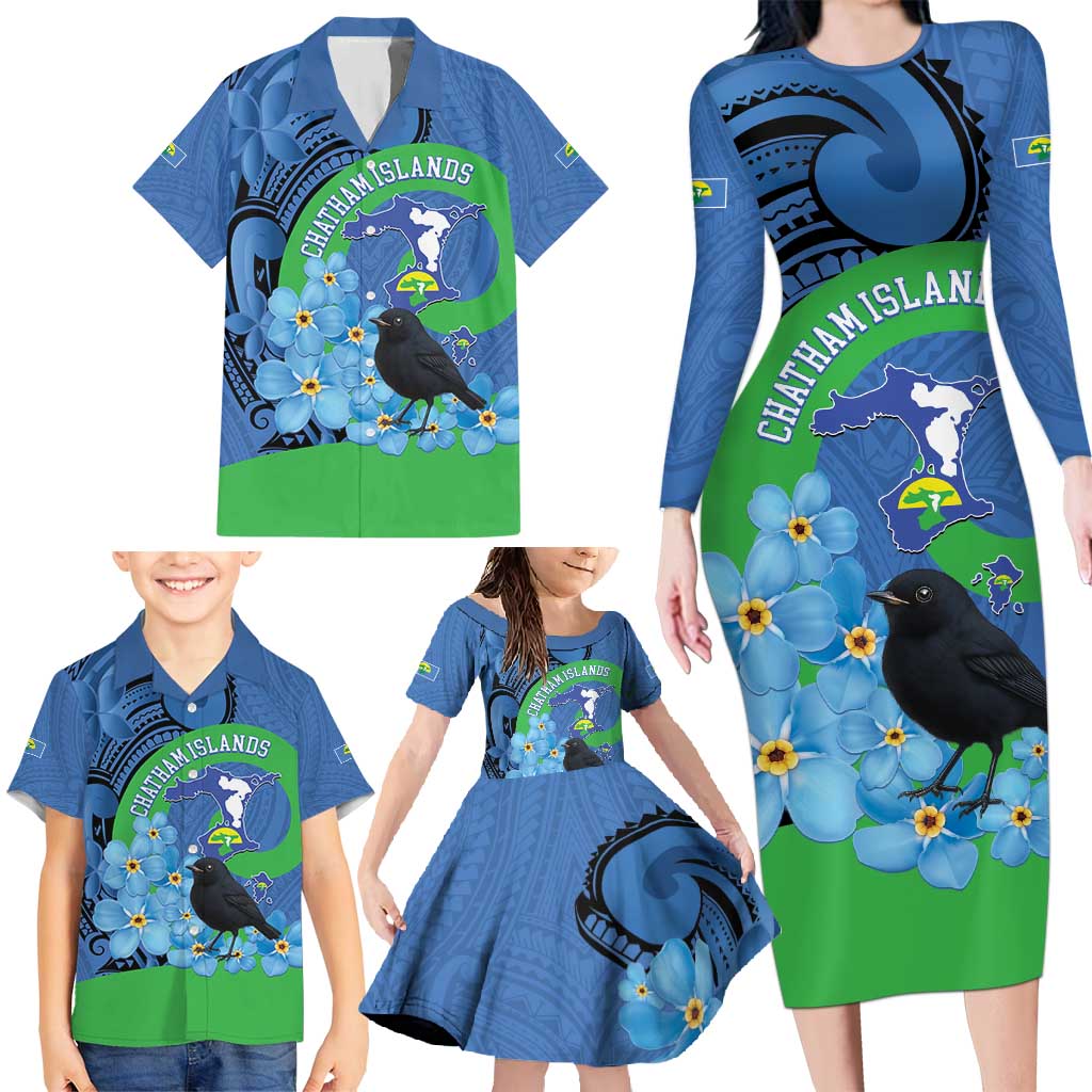 New Zealand Chatham Islands Family Matching Long Sleeve Bodycon Dress and Hawaiian Shirt Wharekauri Forget Me Not With Black Robin