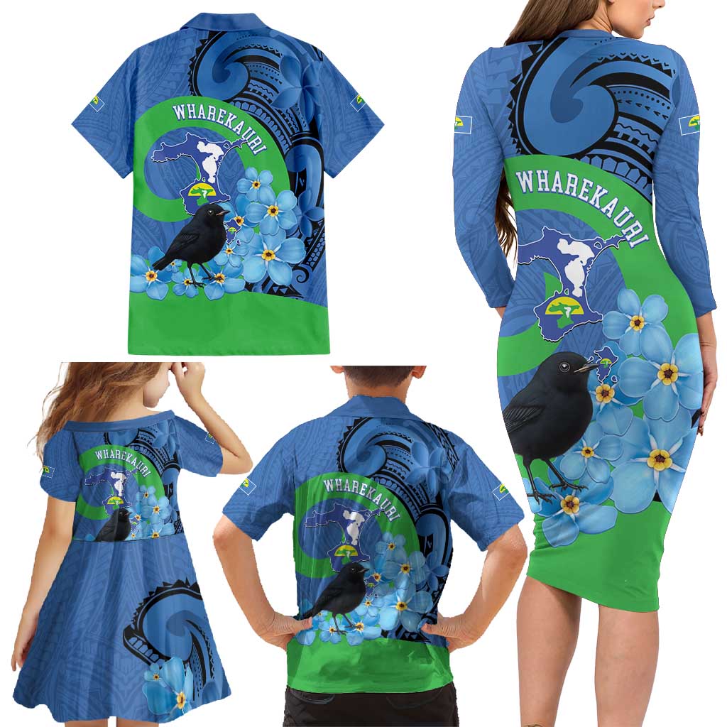 New Zealand Chatham Islands Family Matching Long Sleeve Bodycon Dress and Hawaiian Shirt Wharekauri Forget Me Not With Black Robin