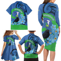 New Zealand Chatham Islands Family Matching Long Sleeve Bodycon Dress and Hawaiian Shirt Wharekauri Forget Me Not With Black Robin