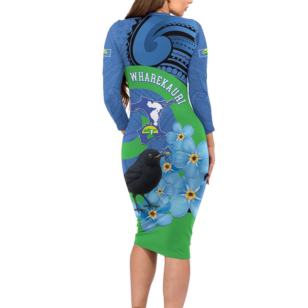 New Zealand Chatham Islands Family Matching Long Sleeve Bodycon Dress and Hawaiian Shirt Wharekauri Forget Me Not With Black Robin