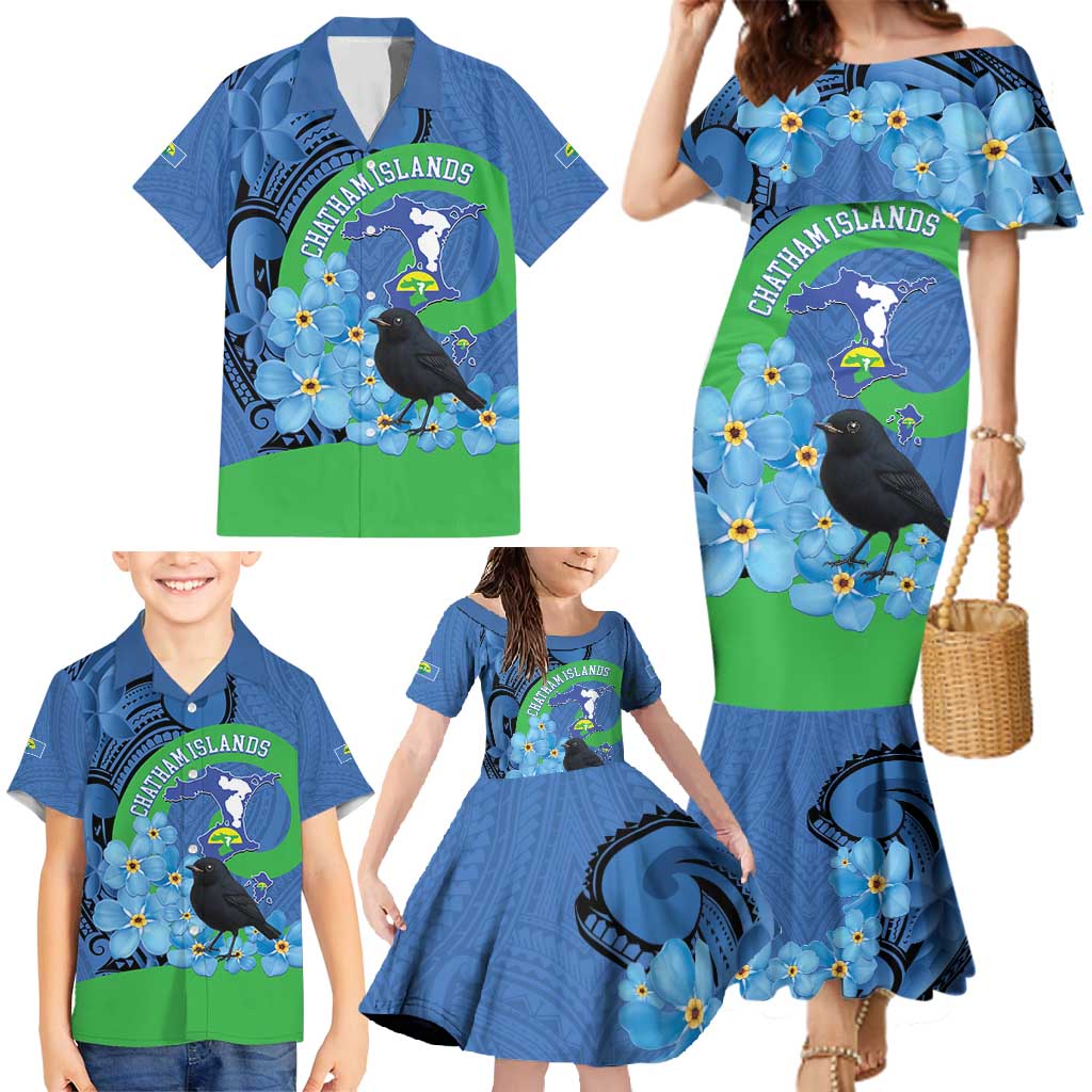 New Zealand Chatham Islands Family Matching Mermaid Dress and Hawaiian Shirt Wharekauri Forget Me Not With Black Robin