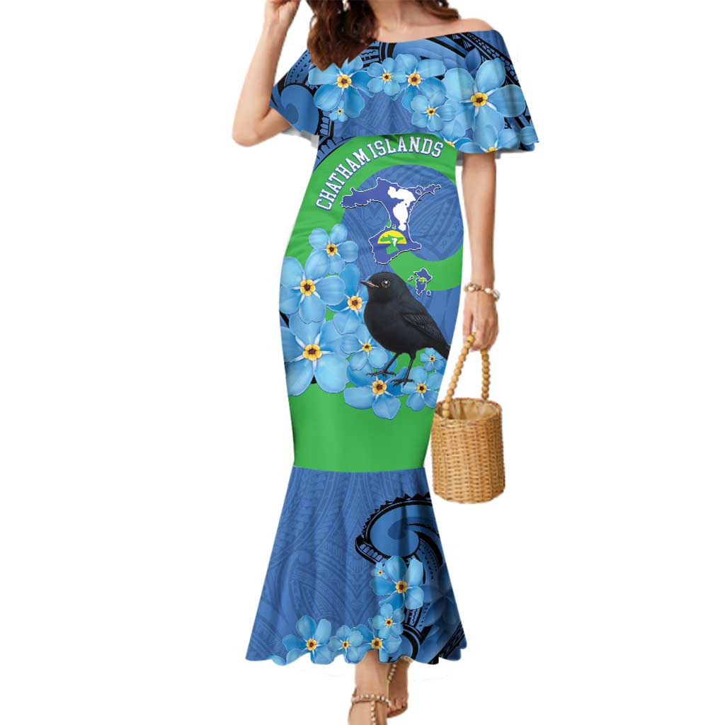 New Zealand Chatham Islands Family Matching Mermaid Dress and Hawaiian Shirt Wharekauri Forget Me Not With Black Robin