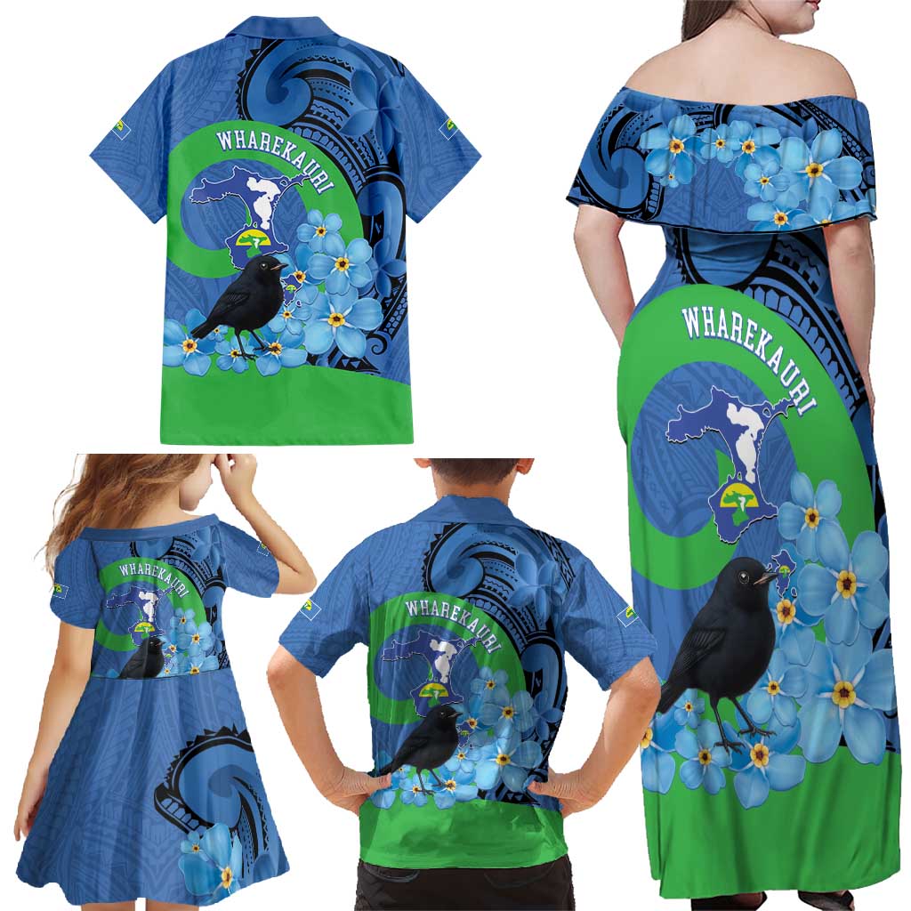 New Zealand Chatham Islands Family Matching Off Shoulder Maxi Dress and Hawaiian Shirt Wharekauri Forget Me Not With Black Robin