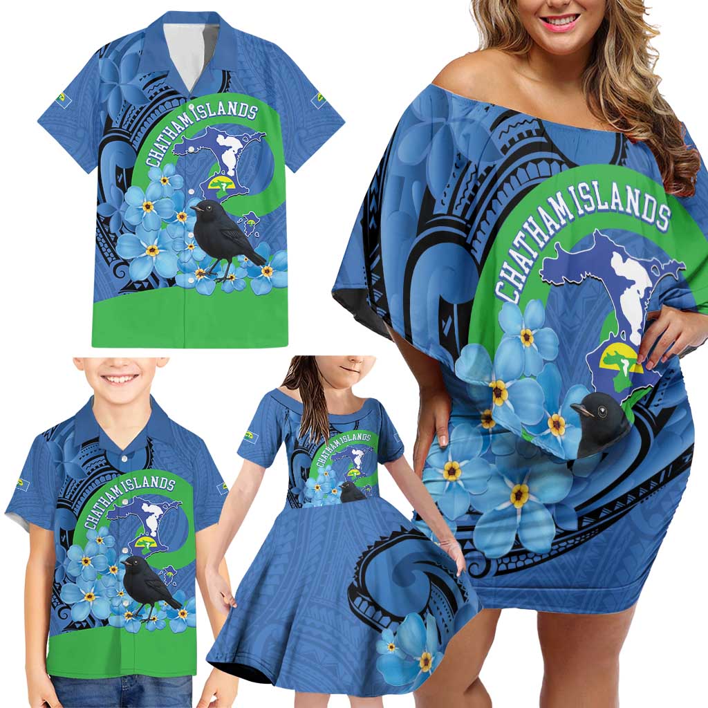 New Zealand Chatham Islands Family Matching Off Shoulder Short Dress and Hawaiian Shirt Wharekauri Forget Me Not With Black Robin