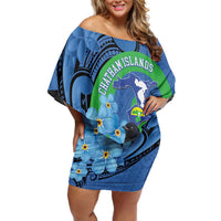 New Zealand Chatham Islands Family Matching Off Shoulder Short Dress and Hawaiian Shirt Wharekauri Forget Me Not With Black Robin