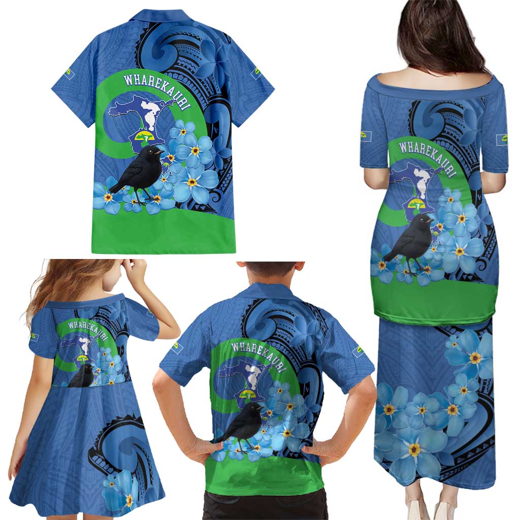 New Zealand Chatham Islands Family Matching Puletasi and Hawaiian Shirt Wharekauri Forget Me Not With Black Robin