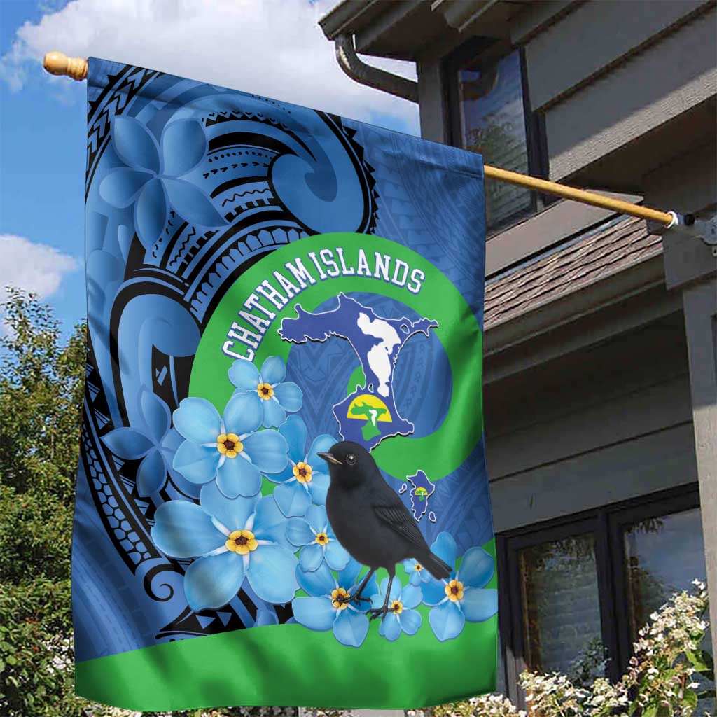 New Zealand Chatham Islands Garden Flag Wharekauri Forget Me Not With Black Robin LT14 - Polynesian Pride