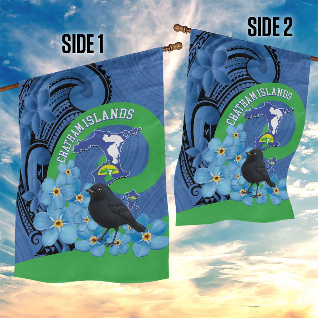 New Zealand Chatham Islands Garden Flag Wharekauri Forget Me Not With Black Robin LT14 - Polynesian Pride