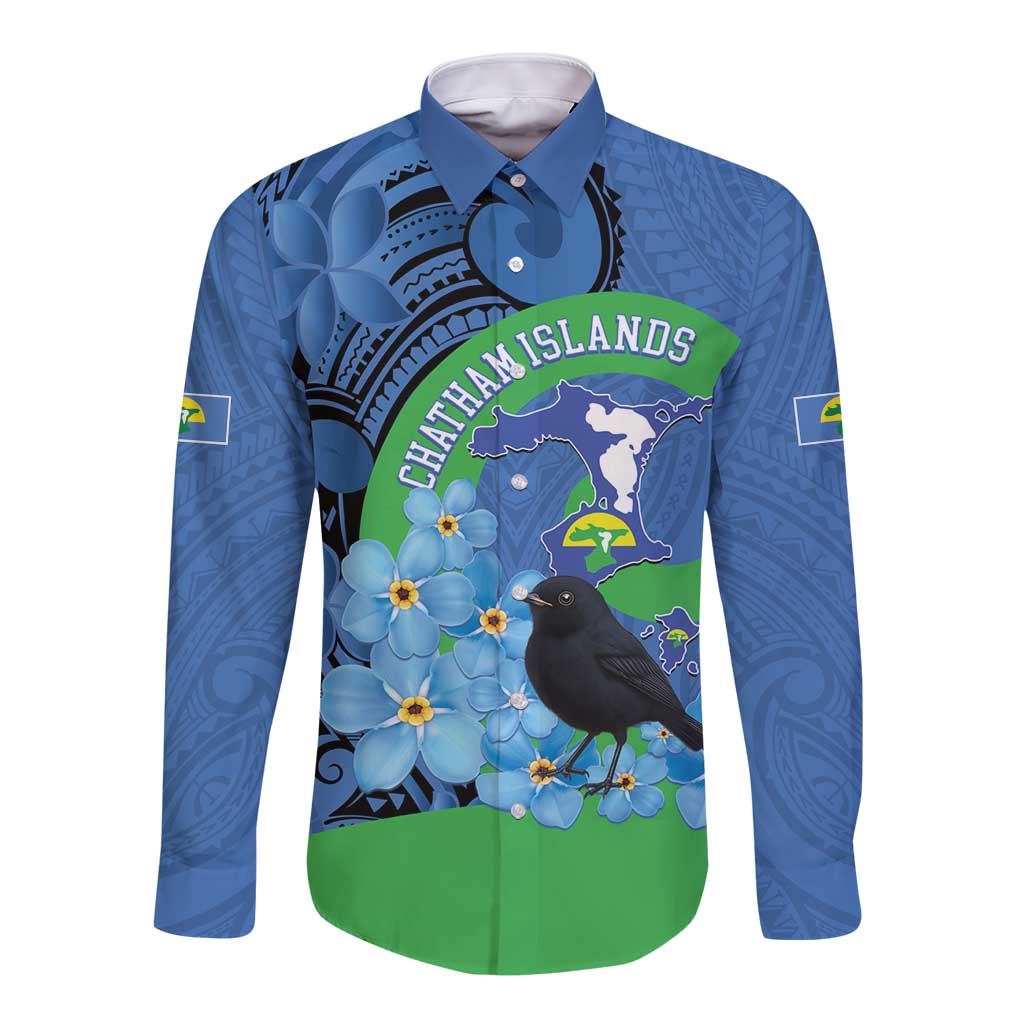 New Zealand Chatham Islands Long Sleeve Button Shirt Wharekauri Forget Me Not With Black Robin LT14 Unisex Blue - Polynesian Pride