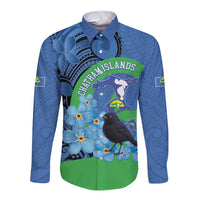 New Zealand Chatham Islands Long Sleeve Button Shirt Wharekauri Forget Me Not With Black Robin LT14 Unisex Blue - Polynesian Pride