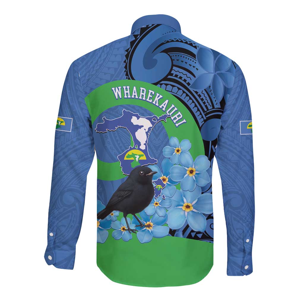 New Zealand Chatham Islands Long Sleeve Button Shirt Wharekauri Forget Me Not With Black Robin LT14 - Polynesian Pride