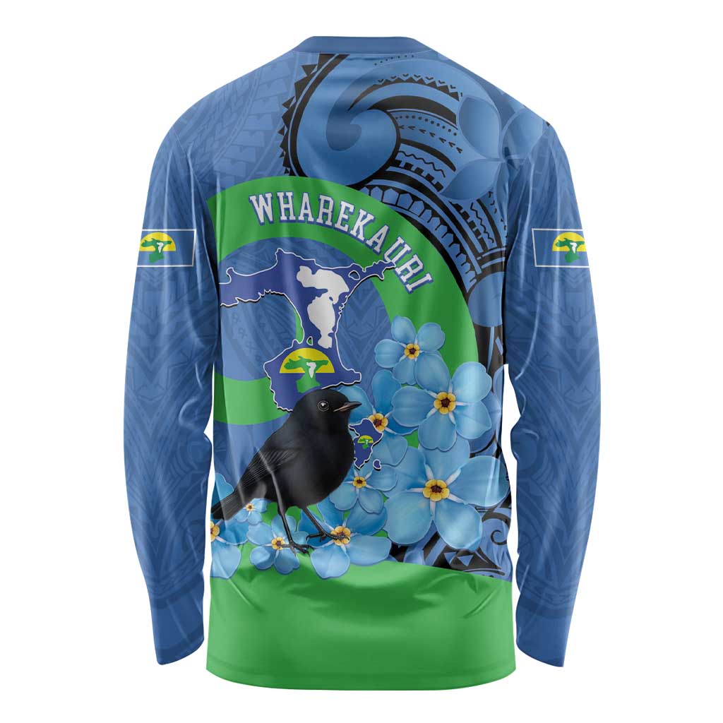 New Zealand Chatham Islands Long Sleeve Shirt Wharekauri Forget Me Not With Black Robin LT14 - Polynesian Pride