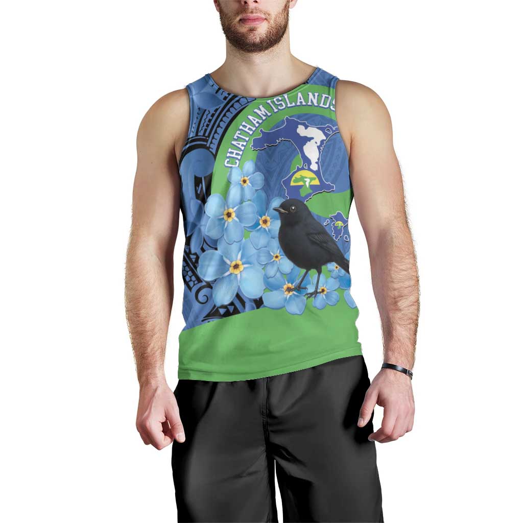 New Zealand Chatham Islands Men Tank Top Wharekauri Forget Me Not With Black Robin LT14 - Polynesian Pride