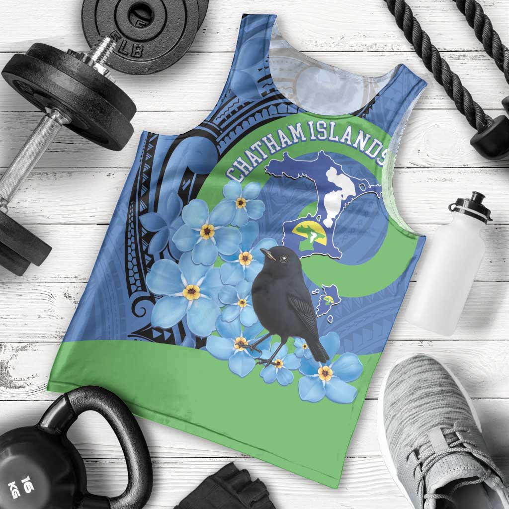 New Zealand Chatham Islands Men Tank Top Wharekauri Forget Me Not With Black Robin LT14 - Polynesian Pride