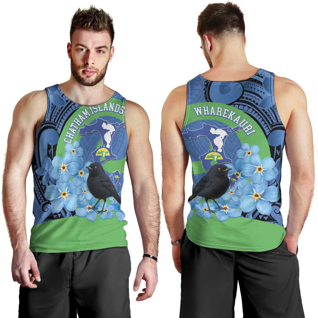 New Zealand Chatham Islands Men Tank Top Wharekauri Forget Me Not With Black Robin LT14 - Polynesian Pride
