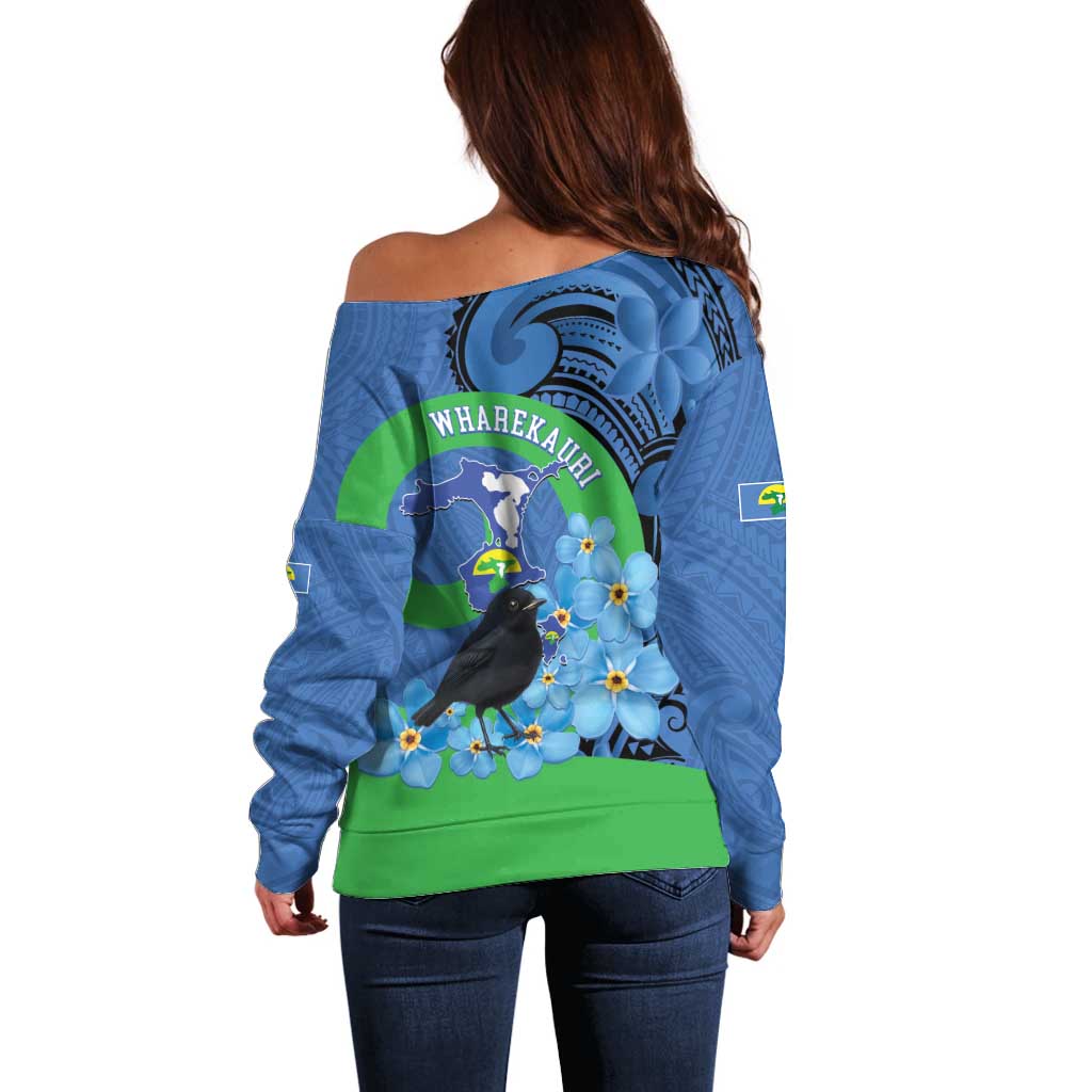 New Zealand Chatham Islands Off Shoulder Sweater Wharekauri Forget Me Not With Black Robin