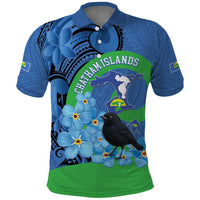 New Zealand Chatham Islands Polo Shirt Wharekauri Forget Me Not With Black Robin LT14 Blue - Polynesian Pride