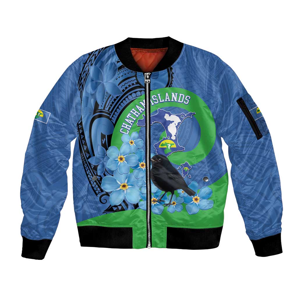 New Zealand Chatham Islands Sleeve Zip Bomber Jacket Wharekauri Forget Me Not With Black Robin