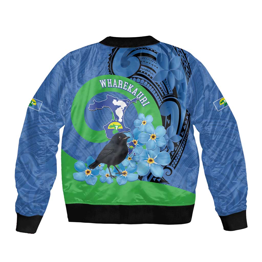 New Zealand Chatham Islands Sleeve Zip Bomber Jacket Wharekauri Forget Me Not With Black Robin