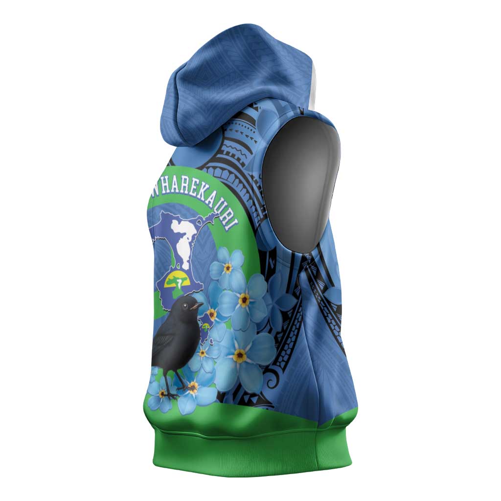 New Zealand Chatham Islands Sleeveless Hoodie Wharekauri Forget Me Not With Black Robin - Polynesian Pride