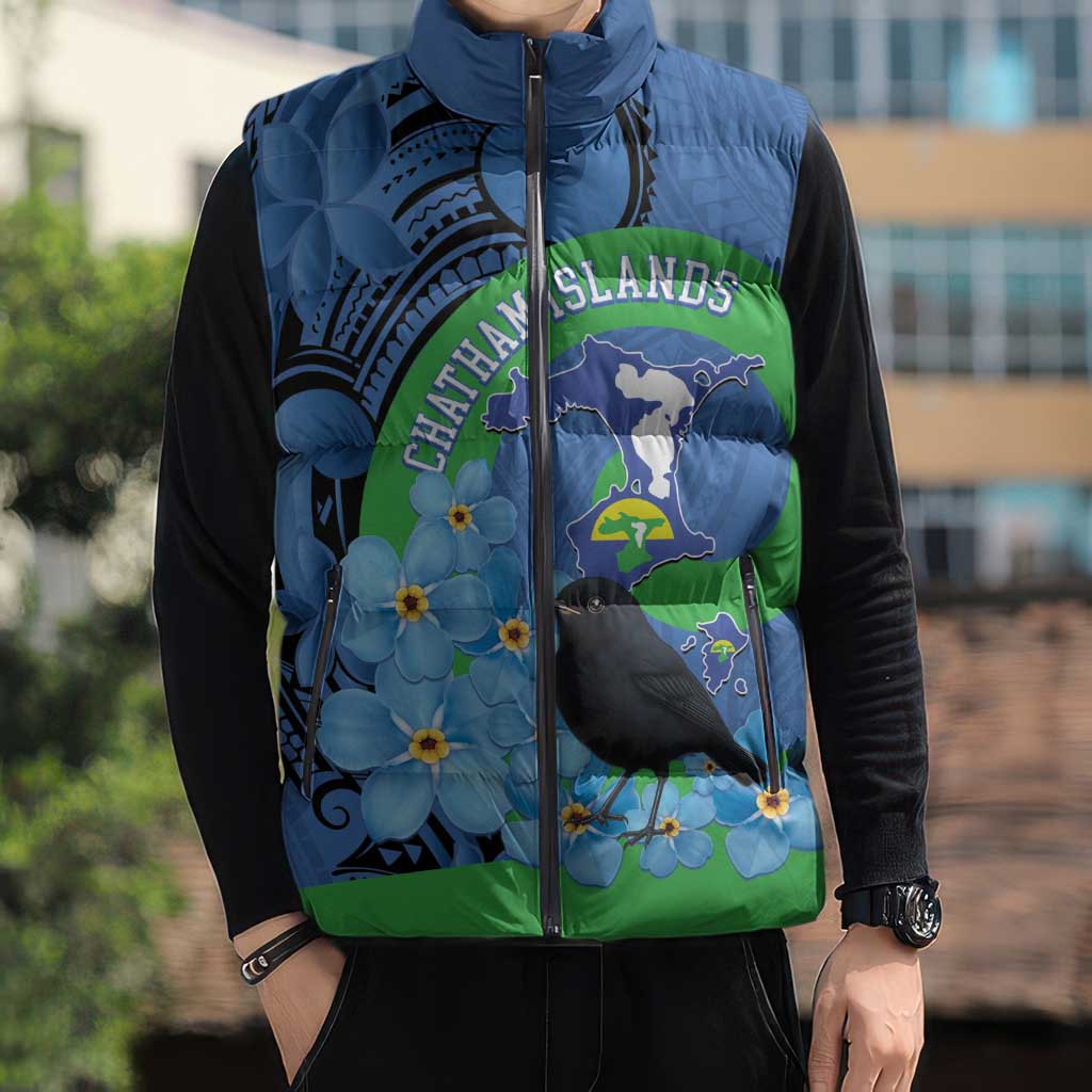 New Zealand Chatham Islands Sleeveless Puffer Jacket Wharekauri Forget Me Not With Black Robin - Polynesian Pride