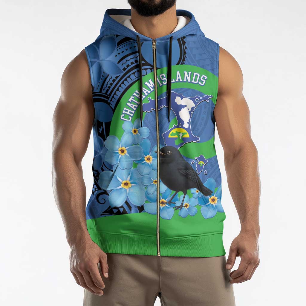 New Zealand Chatham Islands Sleeveless Zip Hoodie Wharekauri Forget Me Not With Black Robin - Polynesian Pride