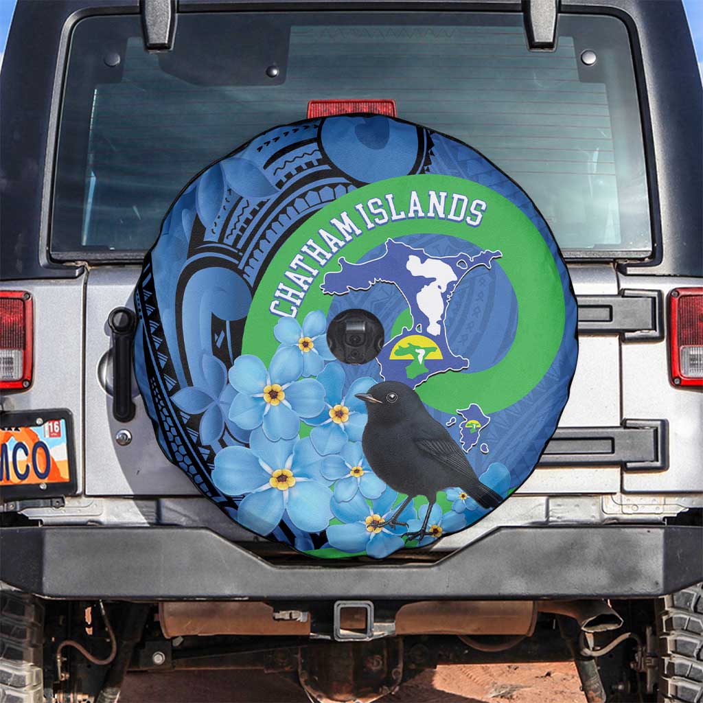 New Zealand Chatham Islands Spare Tire Cover Wharekauri Forget Me Not With Black Robin LT14 Blue - Polynesian Pride