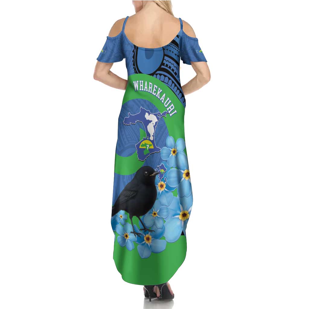 New Zealand Chatham Islands Summer Maxi Dress Wharekauri Forget Me Not With Black Robin