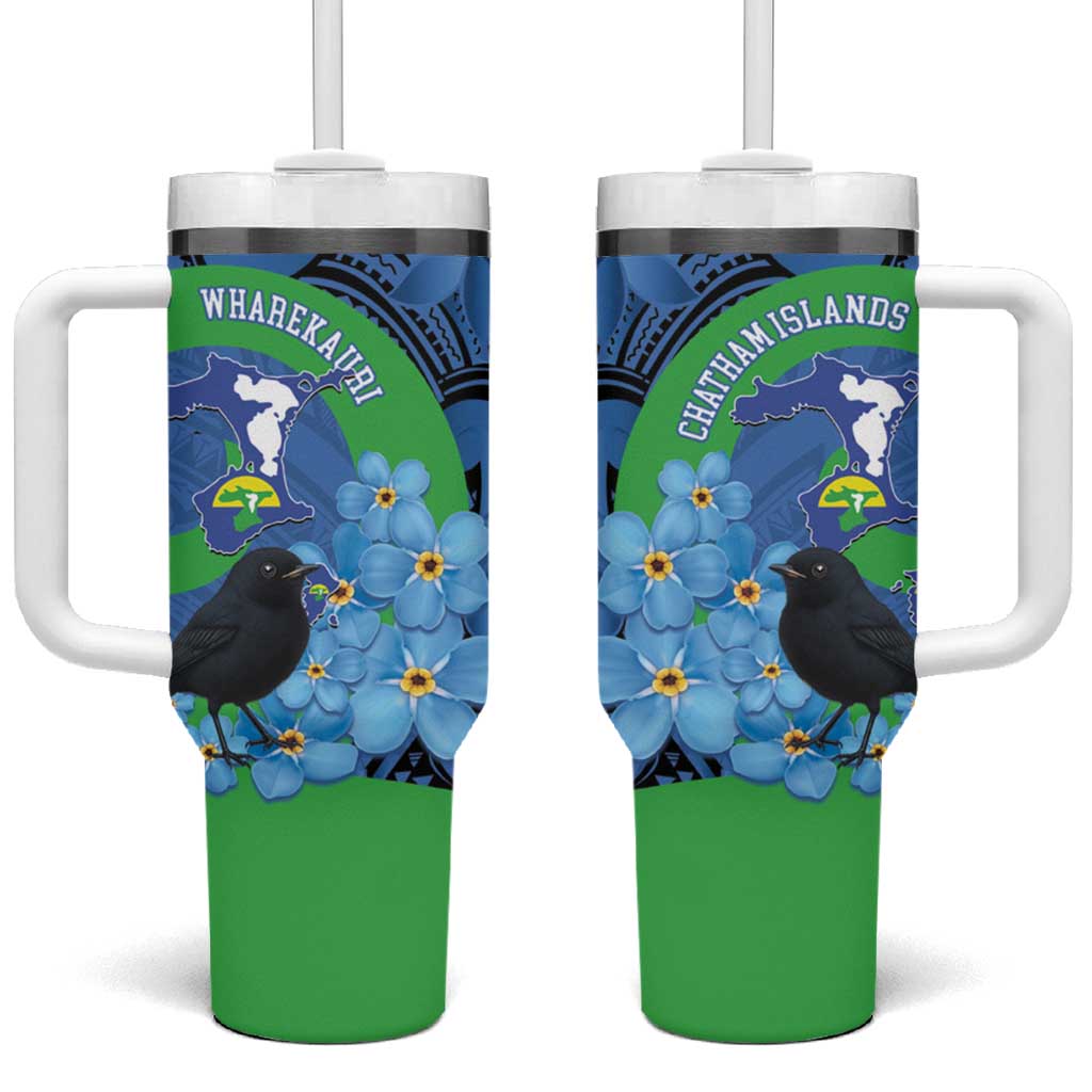 New Zealand Chatham Islands Tumbler With Handle Wharekauri Forget Me Not With Black Robin LT14 One Size: 40 oz Blue - Polynesian Pride
