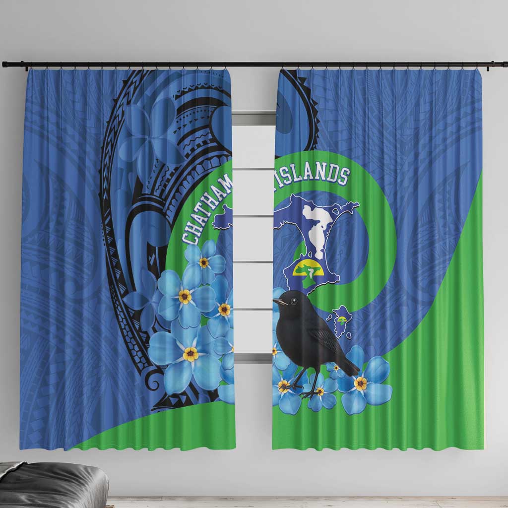 New Zealand Chatham Islands Window Curtain Wharekauri Forget Me Not With Black Robin LT14 With Hooks Blue - Polynesian Pride