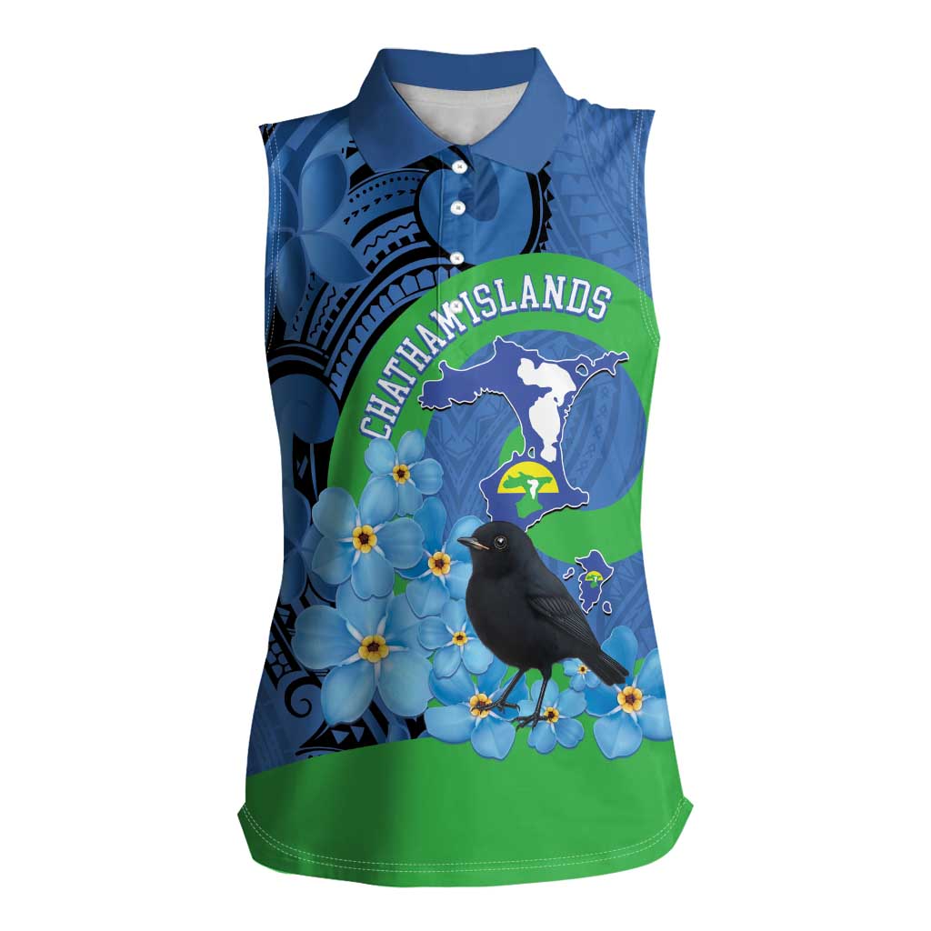 New Zealand Chatham Islands Women Sleeveless Polo Shirt Wharekauri Forget Me Not With Black Robin