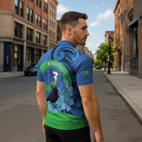 New Zealand Chatham Islands Zipper Polo Shirt Wharekauri Forget Me Not With Black Robin - Polynesian Pride