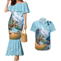 New Zealand South Island Couples Matching Mermaid Dress and Hawaiian Shirt Te Waipounamu Aoraki Kea Bird