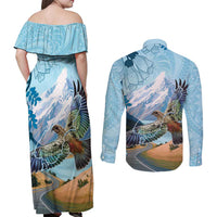 New Zealand South Island Couples Matching Off Shoulder Maxi Dress and Long Sleeve Button Shirt Te Waipounamu Aoraki Kea Bird