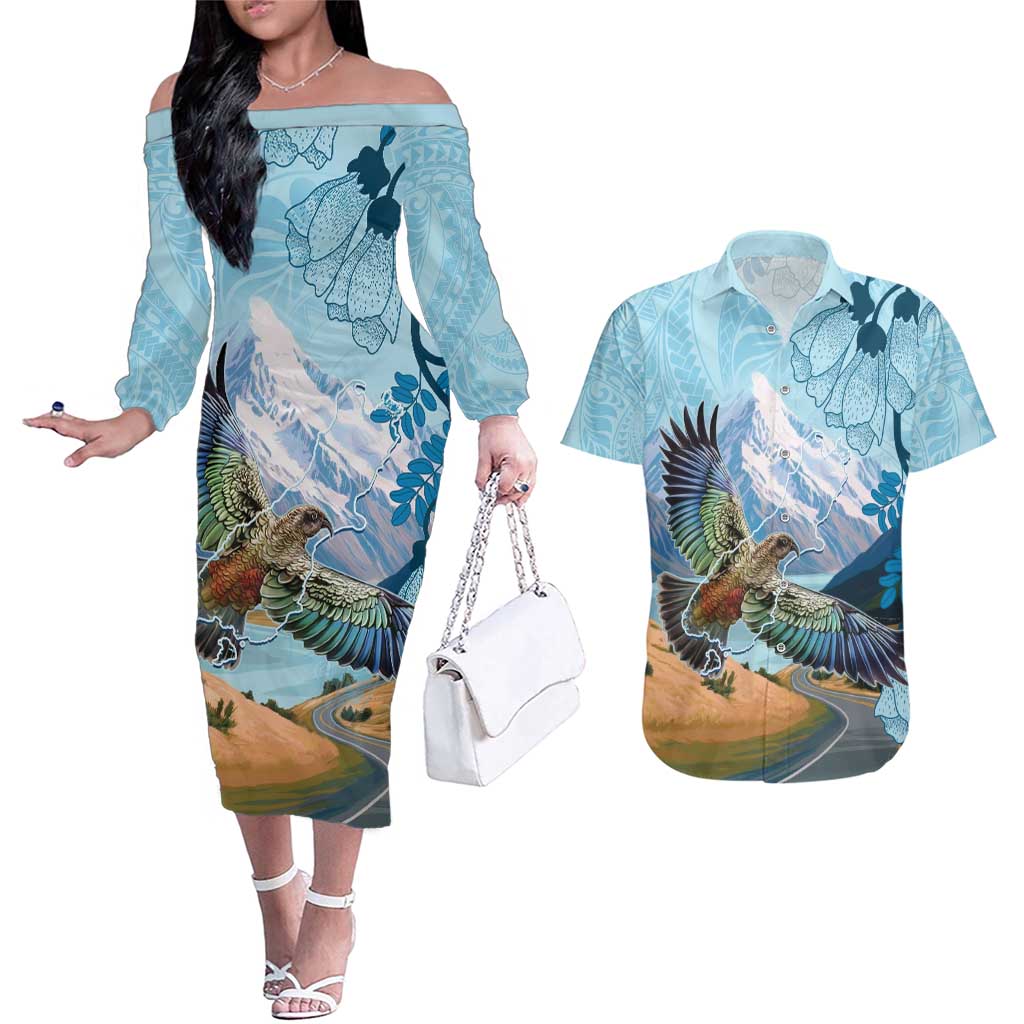 New Zealand South Island Couples Matching Off The Shoulder Long Sleeve Dress and Hawaiian Shirt Te Waipounamu Aoraki Kea Bird