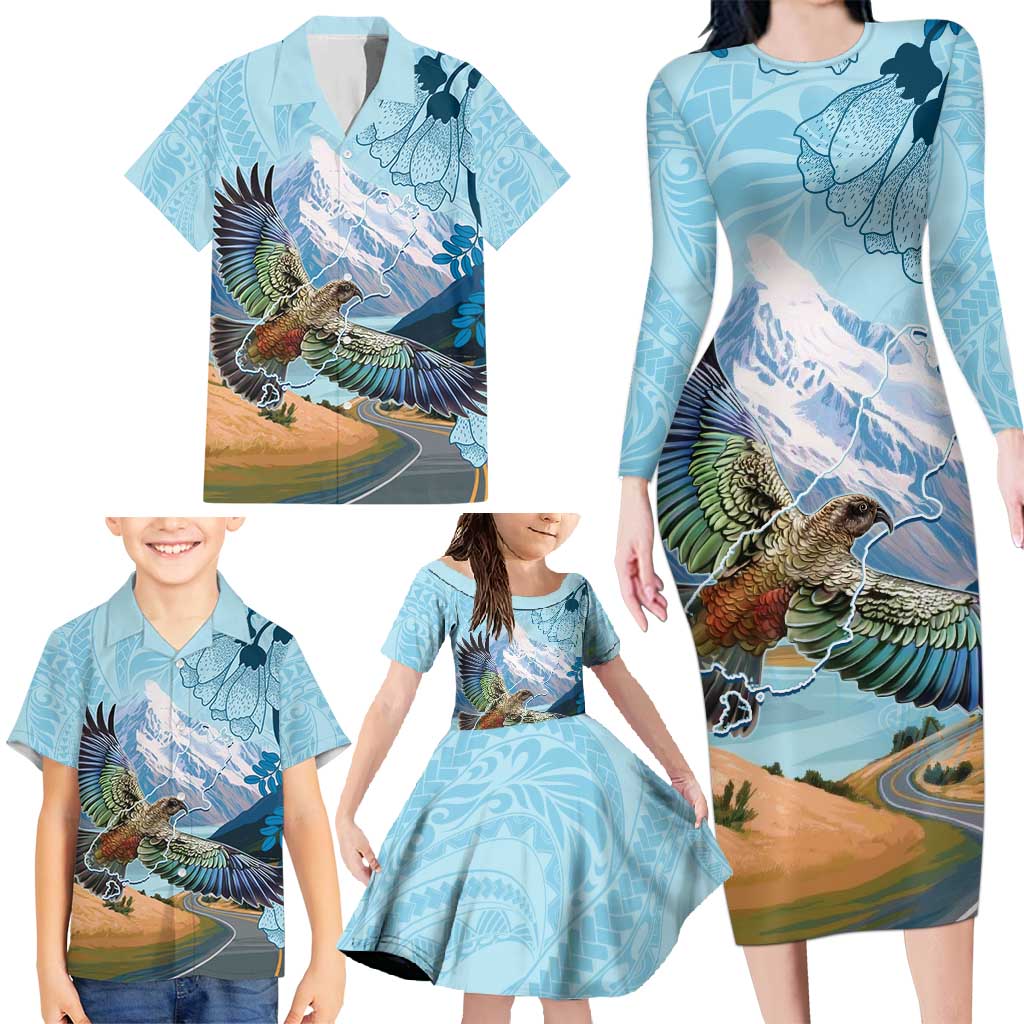 New Zealand South Island Family Matching Long Sleeve Bodycon Dress and Hawaiian Shirt Te Waipounamu Aoraki Kea Bird