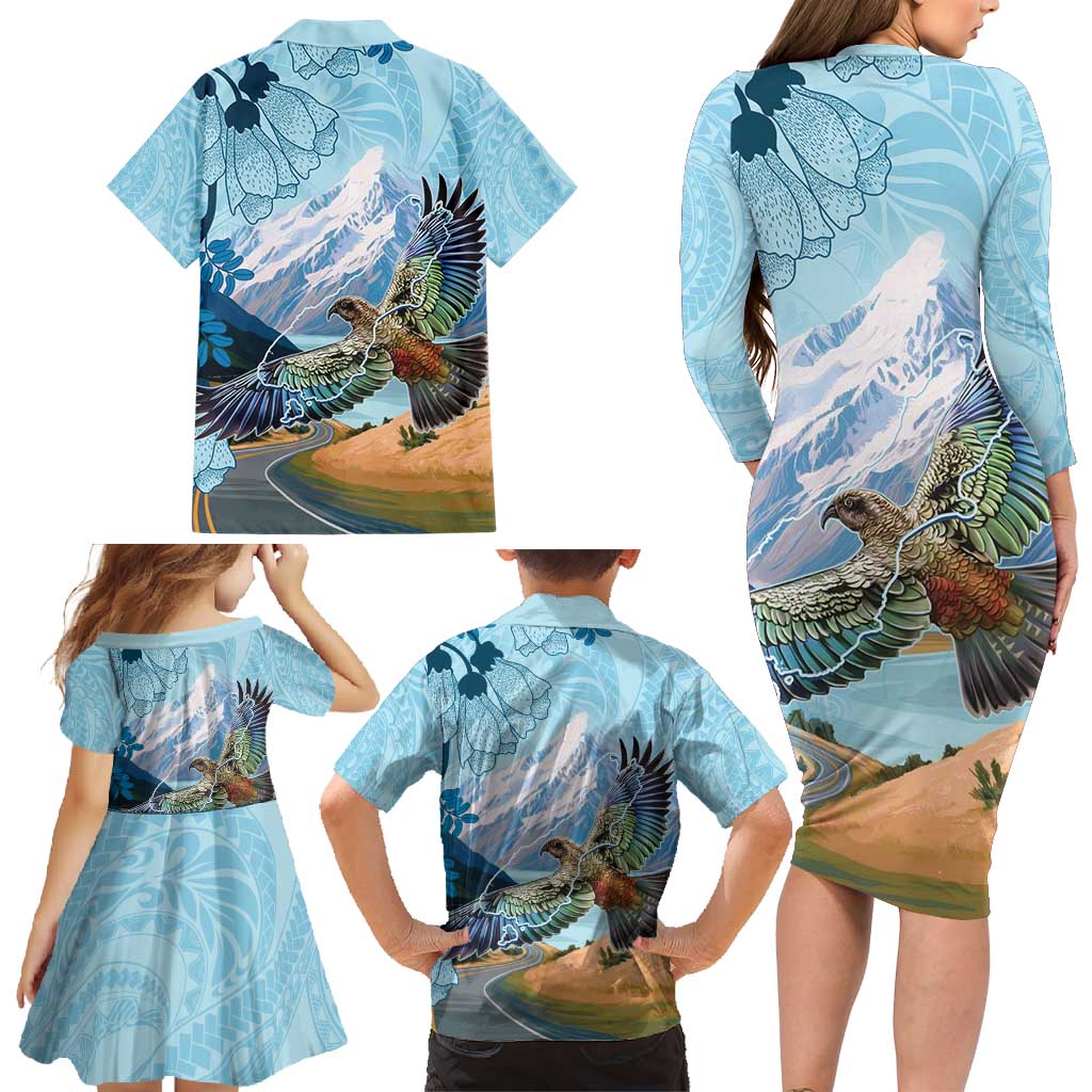 New Zealand South Island Family Matching Long Sleeve Bodycon Dress and Hawaiian Shirt Te Waipounamu Aoraki Kea Bird